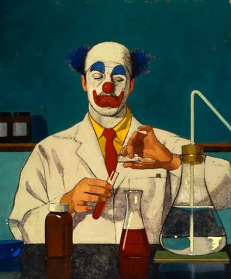 Dessin d'un clown en blouse blanche en train de faire de la chimie