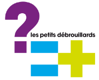 Logo des petits débrouillards : le nom de l'association accompagné de signes mathématiques : un point d'interrogation violet, un plus vert et un égal bleu