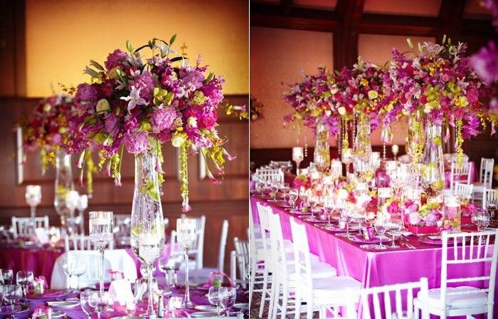 dcorations de tables vert, rose et violet