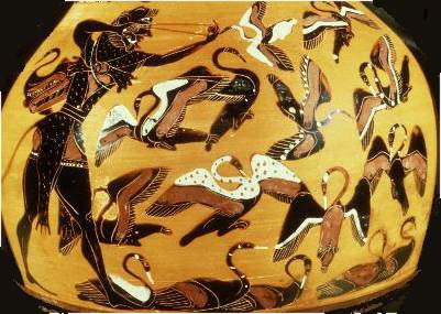 Cette image reprsente un dessin sur un vase d'Hracls contre les oiseaux du lac Stymphale