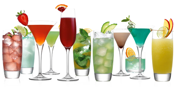 11 verres de cocktails différents, de couleurs différentes, avec verres différents, et différentes tranches de fruits en décoration