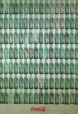 Cette image est une oeuvre de Andy WarHol nommée "Bouteilles de Coca Cola vertes"